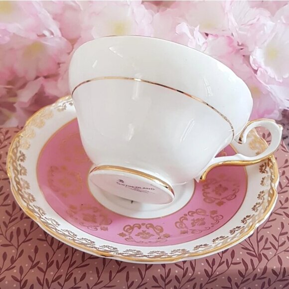 1940 Pink Wide Mouth Tea Cup & Saucer by Sutherland Bone China England - Picture 6 of 10